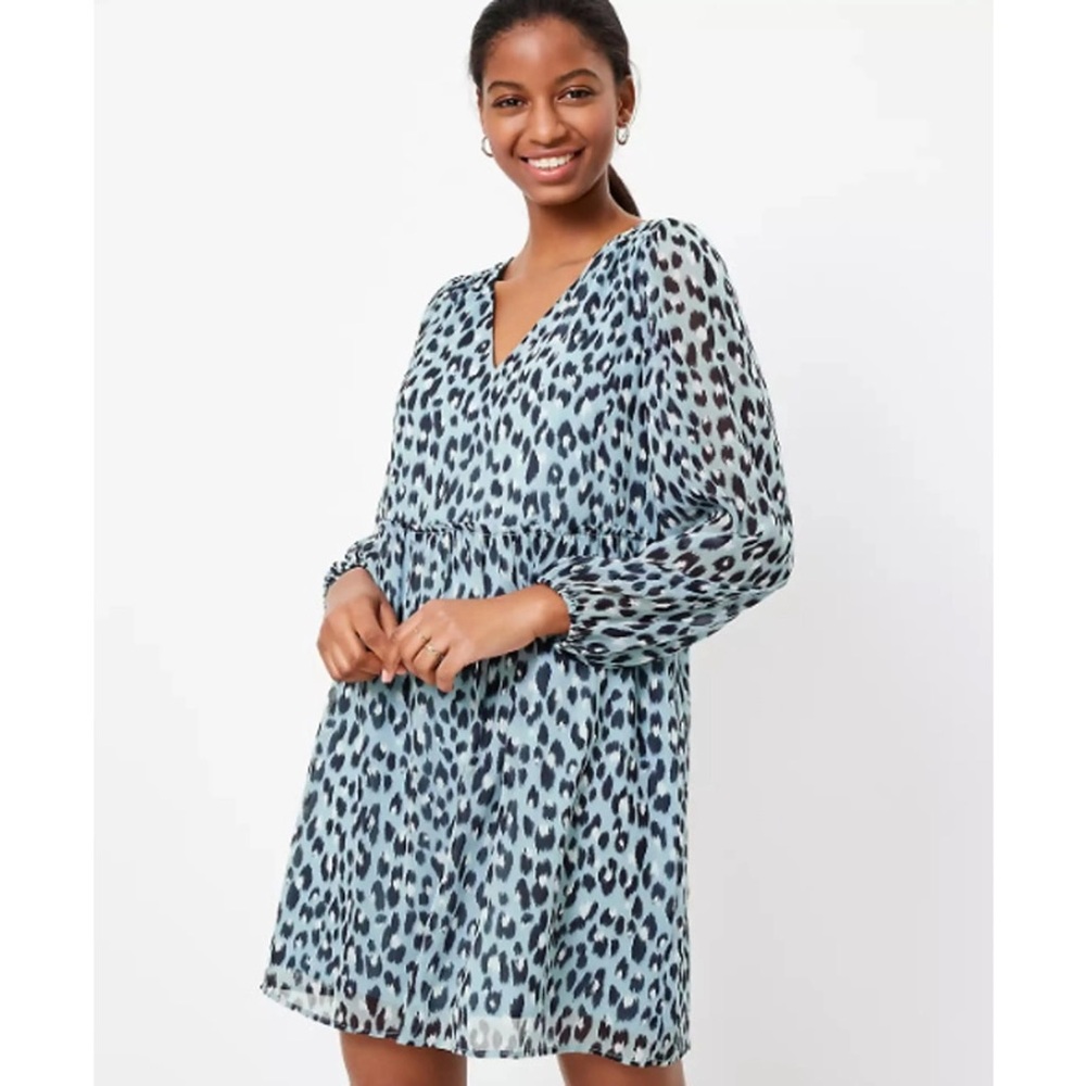 Ann Taylor LOFT | Blue Leopard Print Babydoll Mini Dress Sz XSP NWT